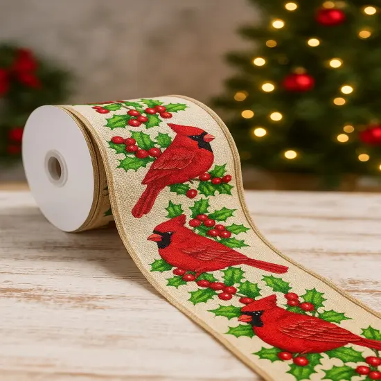 Designer&rsquo;s Shop WR 63-5204 Holiday Red Cardinals with holly and red berries Wired edge ribbon 2.5&rdquo; x 10 yard {4}