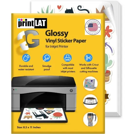 Vinyl Sticker Paper, Glossy Printable Vinyl Sticker Paper for Inkjet Printer, Quick-Drying, Water and Scratch-Resistant, Self-Adhesive for Most Surfaces, 8.5 x 11 Inches {1}