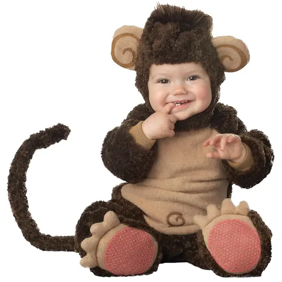 Infant Monkey Costume Lined Bodysuit Attached Tail Hood Paw Booties {1}