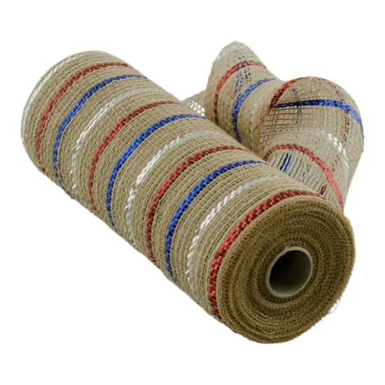 10" Poly Jute Deco Mesh Ribbon: Natural Patriotic Metallic Foil Stripes {2}