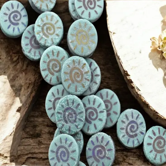 *8* 14mm Acid Etched Opaque Dark Turquoise Sliperit Laser Tattoo Sun Coin Beads {1}