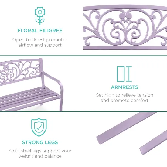 Best Choice Products Outdoor Steel Bench Garden Patio Porch Furniture w/ Floral Design Backrest Lavender {6}