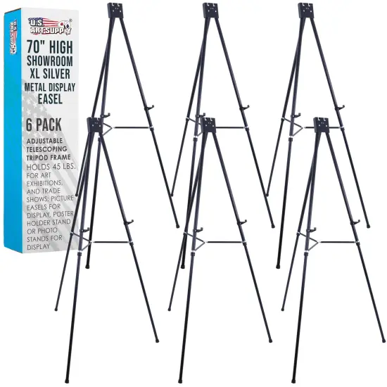 U.S. Art Supply 70" High Showroom XL Silver Metal Display Easel (6 Pack) - Large Adjustable Height Portable Easel Stand, Sign Display, Holds 45 lbs - Floor & Tabletop Easels, Painting Stand {1}