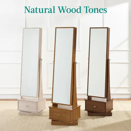 Best Choice Products 360 Swivel Standing Mirrored Jewelry Cabinet, LED-Lit Makeup Organizer w/ Mirror Walnut {3}