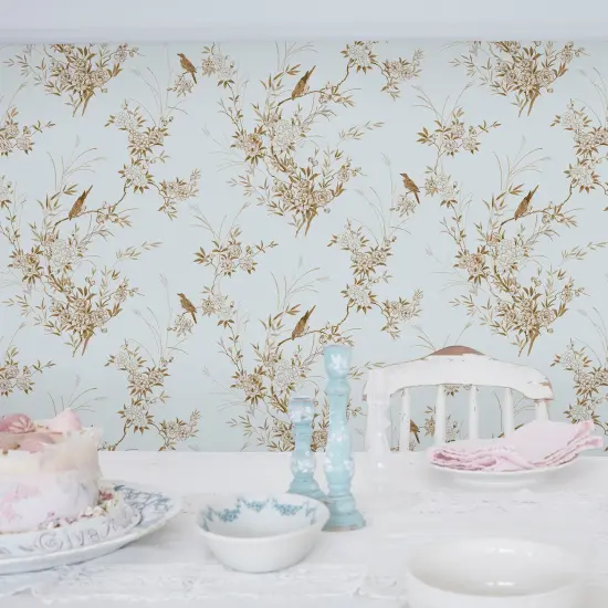 Rachel Ashwell Bird Chinoiserie Blue Gold Wallpaper {1}