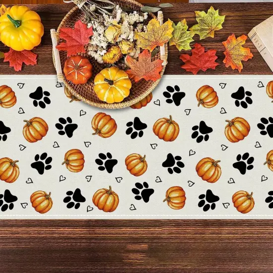 Fall Table Runner Pumpkin Dog Paw Seasonal Autumn Burlap-13x72 Inch {3}