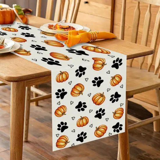 Fall Table Runner Pumpkin Dog Paw Seasonal Autumn Burlap-13x72 Inch {4}