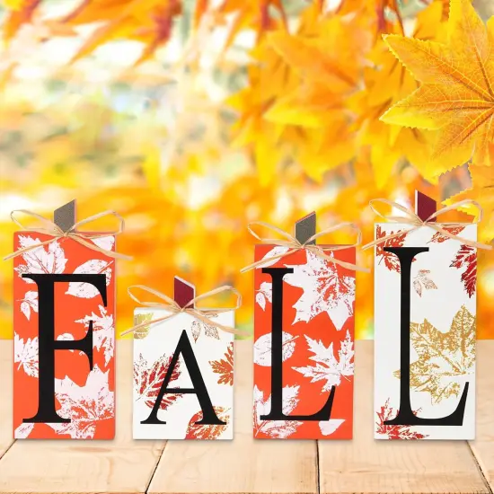 4 PCS Wood Fall Lettered Pumpkin Sign Block {4}