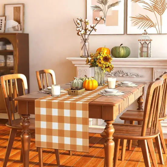 Linen Watercolor Black White Buffalo Check Plaid Table Runner {3}