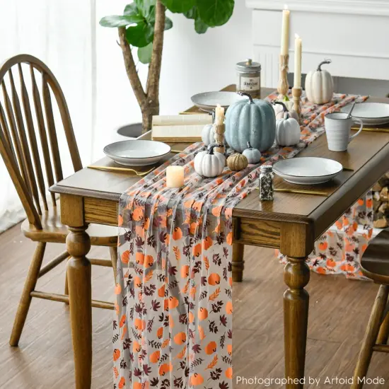 Orange Brown Pumpkins Fall Leaves Gauze Table Runner 120 Inch 10FT {3}