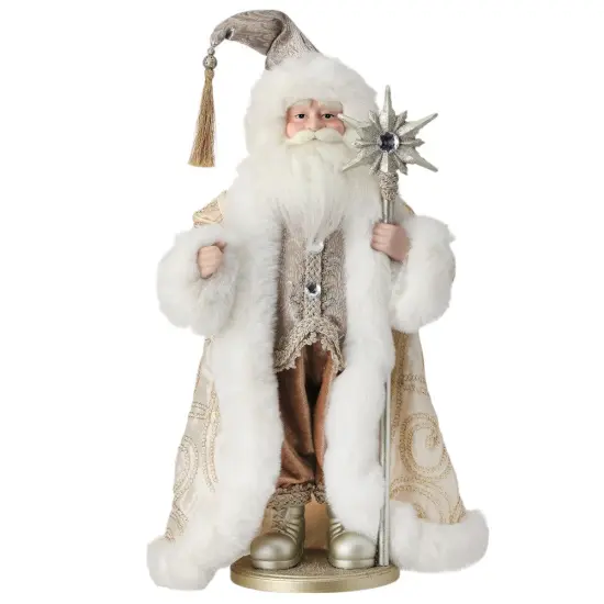 21" Fabric Jewel Santa with Staff on Base &ndash; Elegant Christmas Figurine {1}