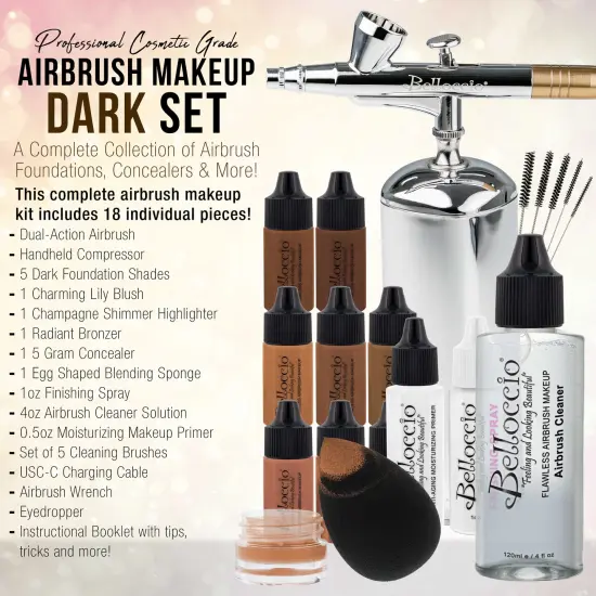 Belloccio Complete Cordless Handheld Airbrush Cosmetic Makeup System with 5 Dark Foundation Shades, 18-Piece Kit, Primer, Blush, Bronzer, Highlighter {2}