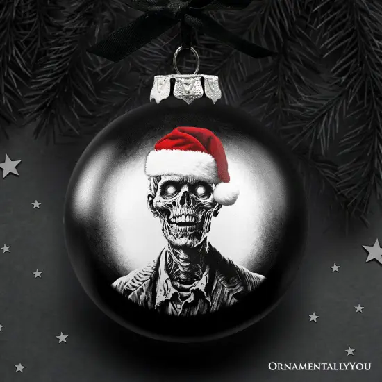 Zombie Christmas Spooky Portrait Glass Ornament, Black Horror Halloween Tree Decoration {1}