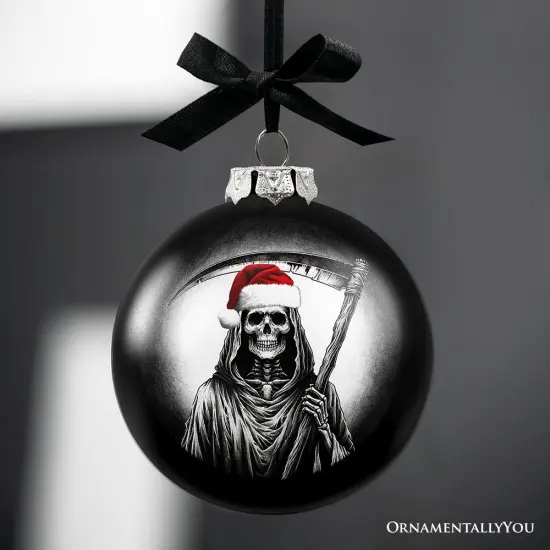 Grim Reaper Christmas Spooky Portrait Glass Ornament, Black Horror Halloween Tree Decoration {4}