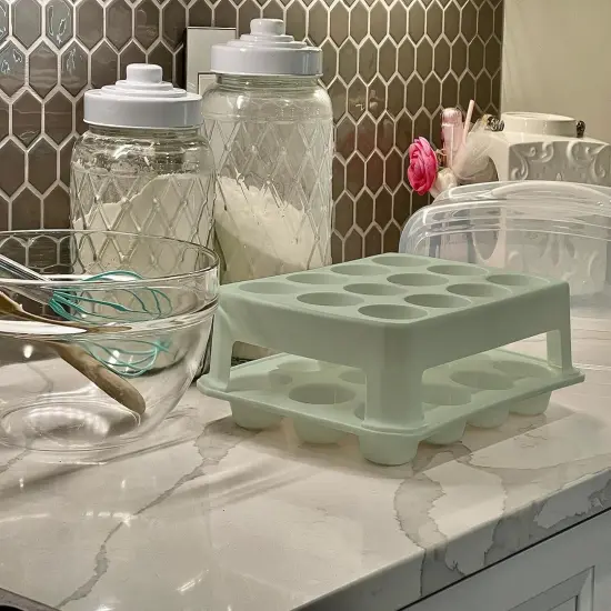 Cupcake Carrier, Green Cupcake Holder Carries 24 Standard-Size Cupcakes, Muffin Traveler Two Tier Stand Reusable Cupcake Box {5}