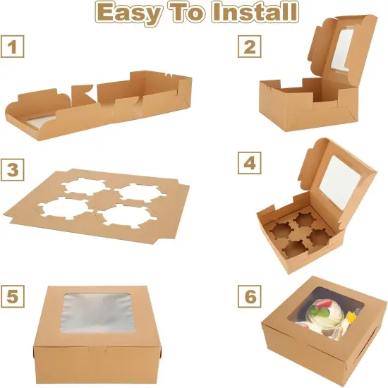 100 PCS Cupcake Boxes with Window 4 Count Cupcake Containers 6x6x3 Inch Brown Kraft Paper Cupcake Boxes Treat Boxes with Insert 4 Cavity for Muffins Cookies Cupcakes Macarons Donuts {4}