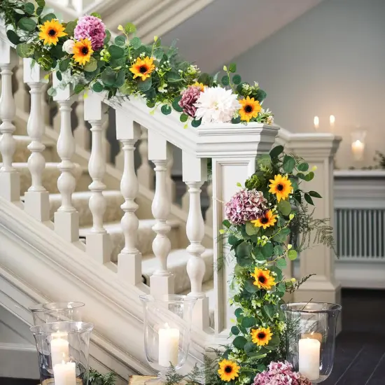 2 Pack Artificial Sunflower Garland, 6ft/Strand Silk Sunflowers Hanging Vines Flowers Garland with Green Leaves for Room Kitchen Garden Birthday Wedding Baby Shower Party Table Decor {3}