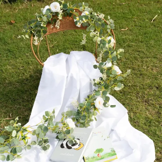 Eucalyptus Garland with Camellias Flowers, 6 FT Artificial White Flower Garland Floral Vines 1 Piece Eucalyptus Leaves Vines for Wedding Party Decor {5}