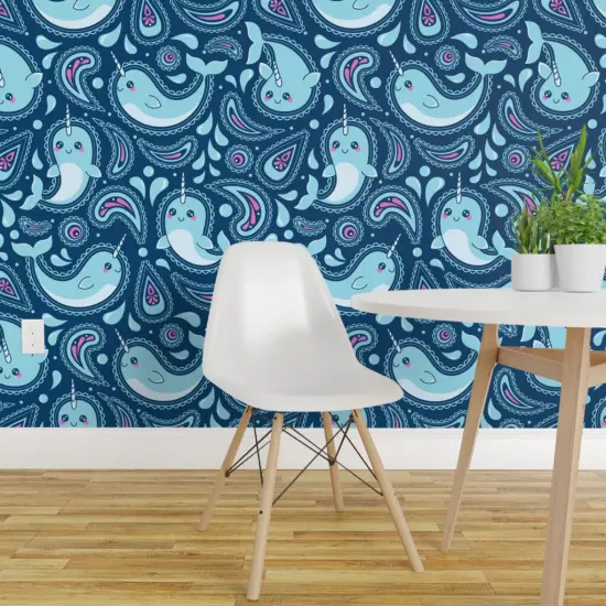 Pre-Pasted Wallpaper 2FT Wide Ocean Life Narwhal Paisley Marine Novelty Blue Pink Sea Kid Large Scale Custom Pre-pasted Wallpaper by Spoonflower {1}