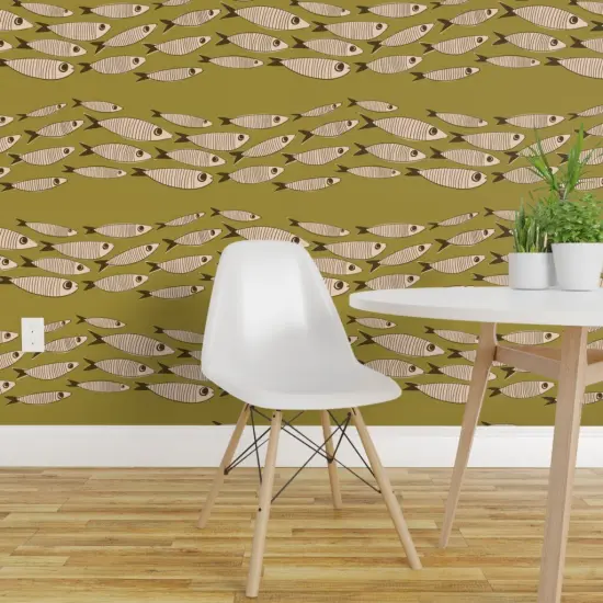 Pre-Pasted Wallpaper 2FT Wide Swimming Fish Mid Century Retro Large Scale Vintage Olive Green Backsplash Fishing Custom Pre-pasted Wallpaper by Spoonflower {1}