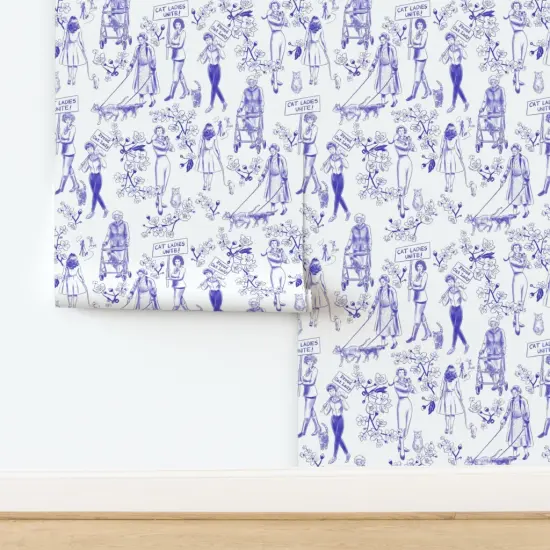 Peel & Stick Wallpaper 2FT Wide Feminist Cats Women Pets Toile De Jouy Cherry Blossoms Flowers Floral Botanical Novelty Cat Lady Blue And White Animals Preppy Protest March Custom Removable Wallpaper by Spoonflower {2}