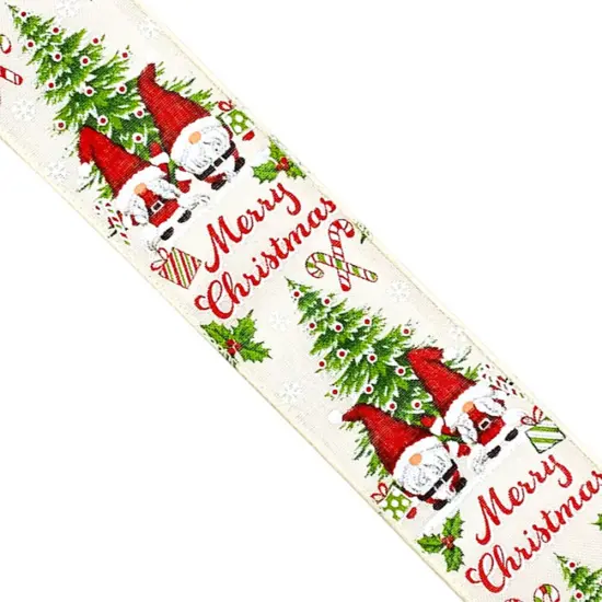 Designer&rsquo;s Shop WR 63-5205 Merry Christmas Gnome & Tree Wired Edge Ribbon &ndash; 2.5" x 10 Yards &ndash; Holiday Candy Cane, Gift, and Holly Design {3}