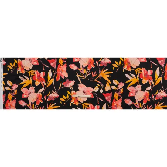 1 Yard Black Orange Red Silk Charmeuse Print Illustrated Watercolor Flowers Made in Italy Width 53" {3}