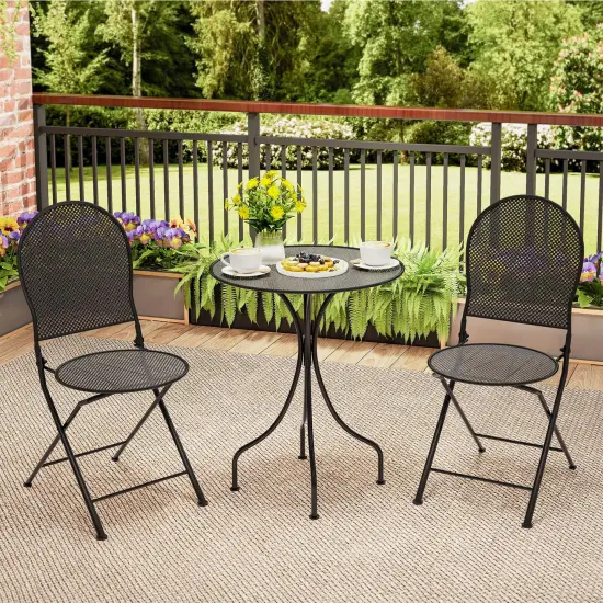 Costway 3 PCS Metal Bistro Set Round Table & 2 Folding Chairs with Rattan-Like Pattern Black/White {4}