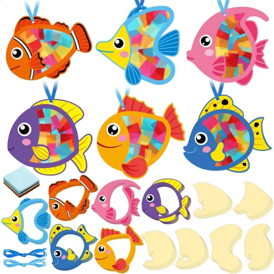 24 Pcs Under The Sea Fish Suncatcher Craft Kit Tropicial Fish Shaped Suncatcher Summer Craft Kit Window DIY Tissue Paper Decoration {1}