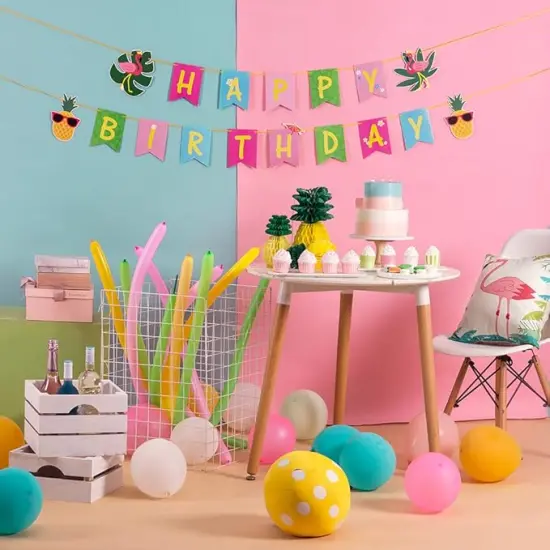 Tropical Happy Birthday Banner Colorful Hawaiian Luau Birthday Banner Flamingo Pineapple Palm Leaf Banner for Summer Birthday Party Decorations Supplies | Pre-Strung {2}