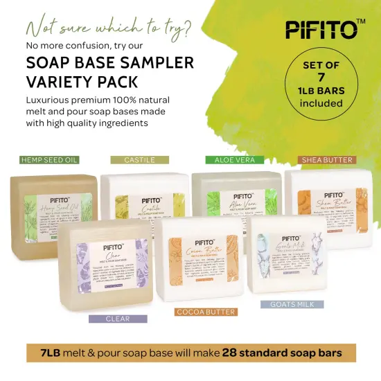 Pifito Melt and Pour Soap Base Sampler (7 lbs) │ Assortment of 7 Bases (1lb ea) │ Hemp Seed Oil, Clear, Aloe Vera, Goats Milk, Cocoa Butter, Shea Butter, Castile │ Glycerin Soap Making Supplies {2}