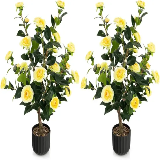 2pcs 38" Artificial Camellia Tree Flower Plant in Yellow Cement {1}