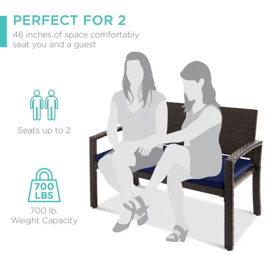 Best Choice Products 2-Person Outdoor Wicker Bench Garden Patio Porch Furniture w/ 700lb Capacity, Cushion Navy/Brown {6}