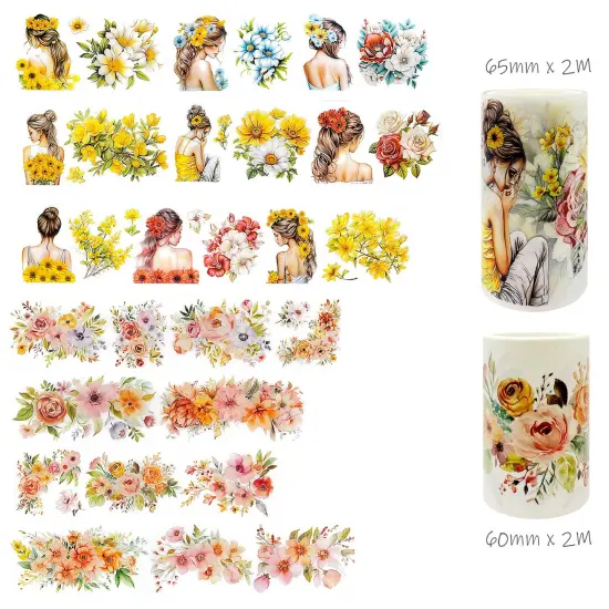 Wrapables Aesthetic Floral Fashion PET Washi Tapes for Scrapbooking, Stationery, Journaling, Diary, Card Making (Set of 2), Yellow and Coral {2}