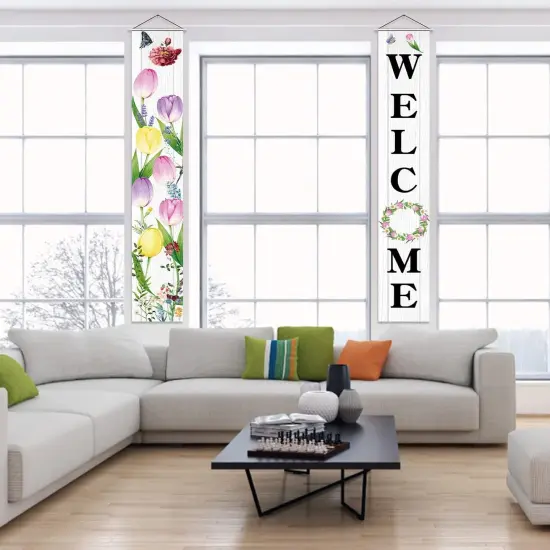 Welcome Banner 2 Pack Spring Door Sign Hanging Banners Welcome Tulip Happy Spring Porch Sign Seasonal Spring Summer Party Decorations for Indoor Outdoor Garden {3}