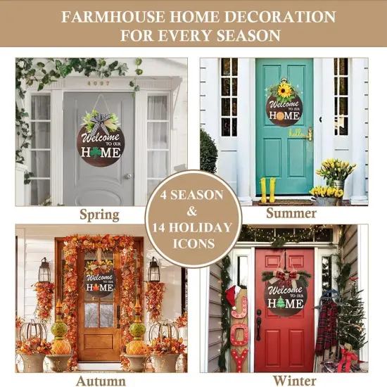 Interchangeable Welcome Sign for Front Door with 4 Seasonal Wreaths and 14 Changeable Icons, Farmhouse Front Door Signs, Door Decoration Porch Decor, Seasonal Wooden Home Sign home d&eacute;cor (6wood) {2}