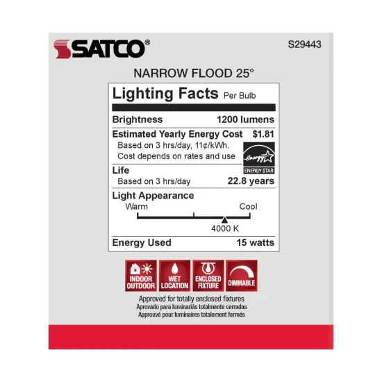 Satco 15w PAR38 LED 25 deg. Beam E26 Medium base 4000k Cool White {4}
