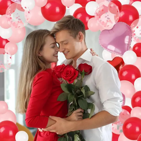 Balloon Arch Kit Decorations, Pink/White/Red Balloons Garland Decor with LOVE Heart Balloon Rose Petals {2}