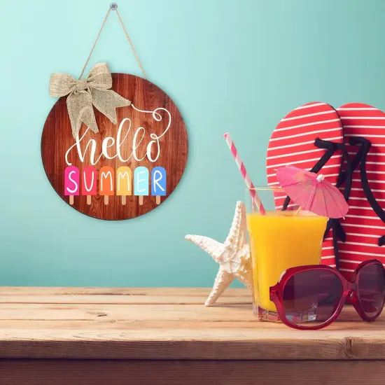 Hello Summer Sign 12 x 12 Inch Summer Welcome Sign Front Door Decor Farmhouse Porch Decoration Round Wooden Hanging Sign for Home Beach Restaurant Shop {4}
