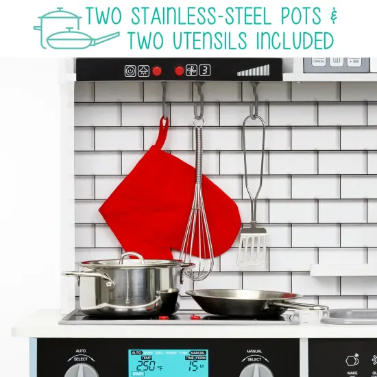 Lil' Jumbl Small Wooden Pretend Play Kitchen Set for Kids with Stovetop, Oven, and Interactive Features White {3}