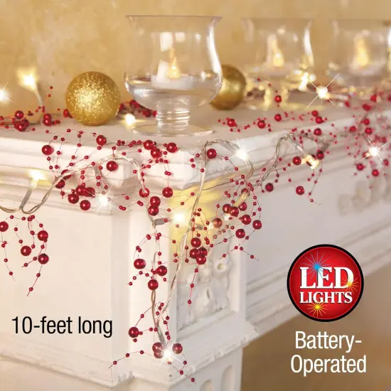 Indoor Christmas Decorations, Festive Lighted Berry Beaded Garland Gold- 120" L {2}