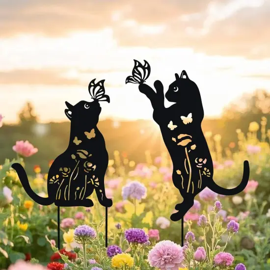 Metal Cat Decor for Outside - 2 Pack Garden Stakes Decorative {1}