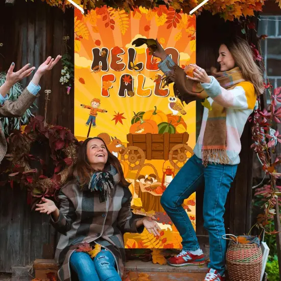 Hello Fall Maple Pumpkin Front Door Banner - Autumn Yard Sign {4}