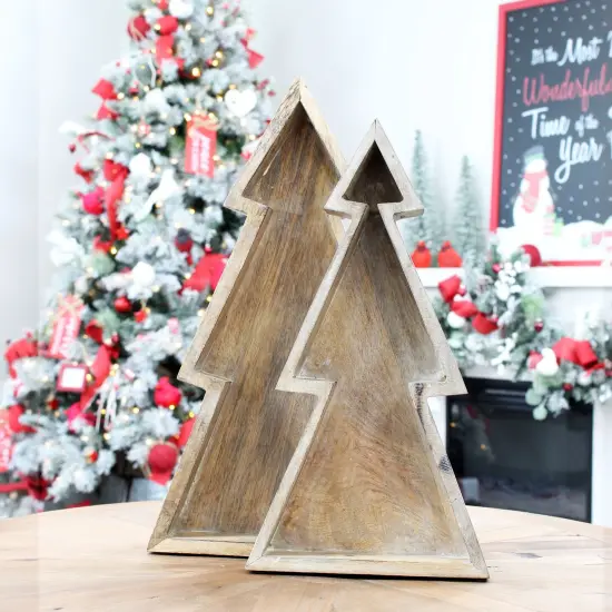 Wooden Christmas Tree Trays 2ct Nested Rustic Farmhouse Decor Brown {2}