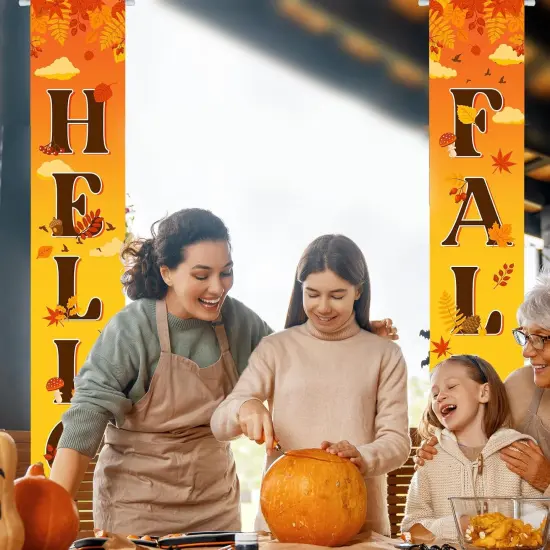 Hello Fall Banner Fall Party Porch Signs Maple Pumpkin Hanging Door {3}