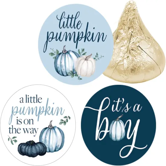 Blue Little Pumpkin Boy Baby Shower Kisses Candy Stickers {1}