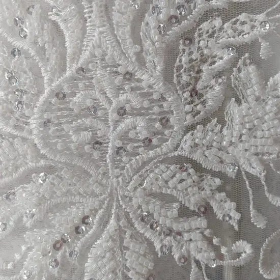1 Yard Beaded Lace Fabric on 100% Polyester Net Mesh, Elegant Embroidered Lace for Gowns & D&eacute;cor Off White {4}