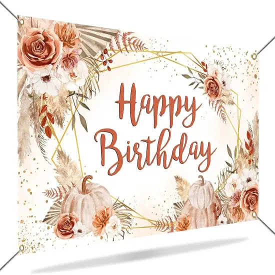 Pumpkin Birthday Banner Backdrop Boho Pumpkins Fall Floral {5}