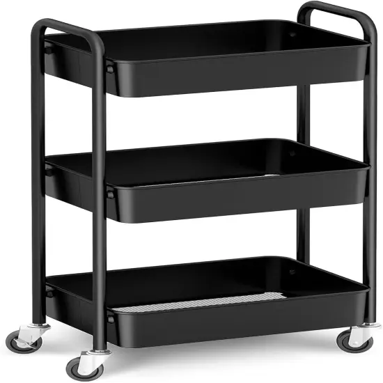 3-Tier Rolling Metal Storage Organizer - Mobile Utility Cart (Black) {1}