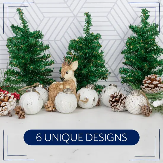 2in Farmhouse Ball Ornaments Distressed Metal Glass Christmas Decor White {6}